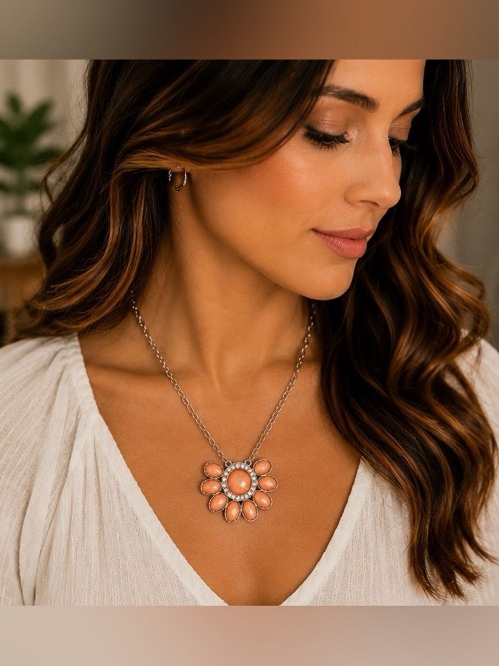 Orange Jeweled Statement Necklace | Silvertone Floral Bauble Bib Necklace